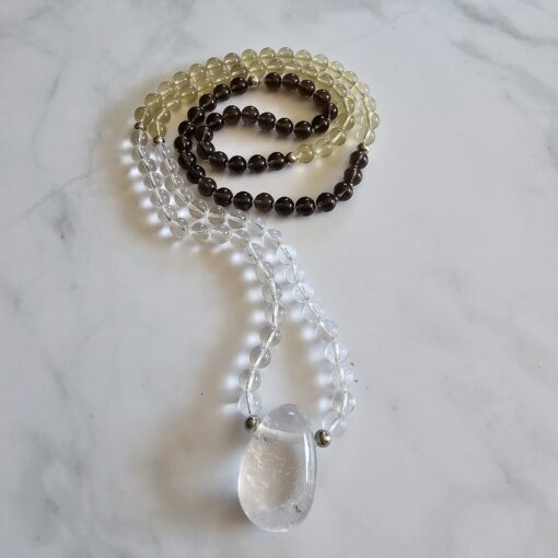 Bergkristall-Rauchquarz-Zitronenquarz-Mala mit Bergkristall-Anhänger und Armband – Bild 5