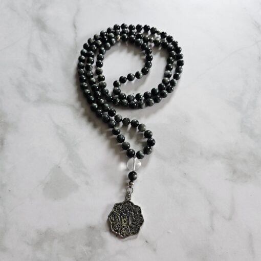 Quarz-Katzenaugen-Mala mit Edelstahlanhänger und Armband – Bild 5