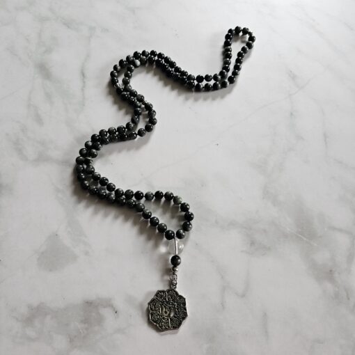 Quarz-Katzenaugen-Mala mit Edelstahlanhänger und Armband – Bild 6