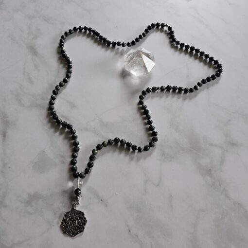 Quarz-Katzenaugen-Mala mit Edelstahlanhänger und Armband – Bild 7