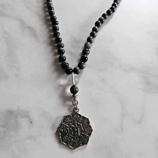 Quarz-Katzenaugen-Mala mit Edelstahlanhänger und Armband – Bild 8