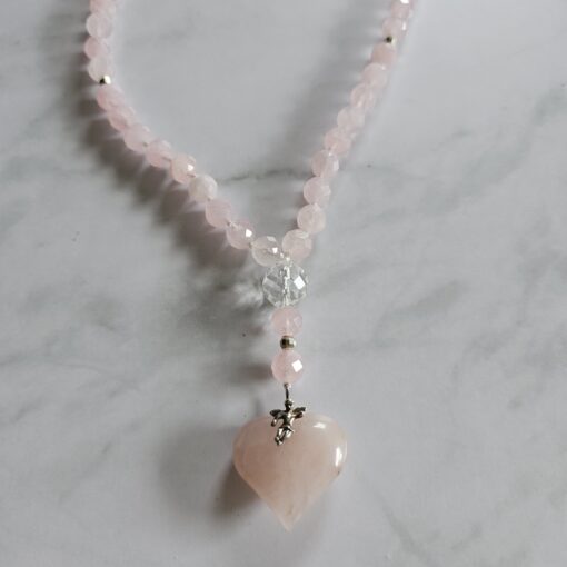 Rosenquarz (facettiert) -Mala mit Rosenquarz-Herz und Armband – Bild 8