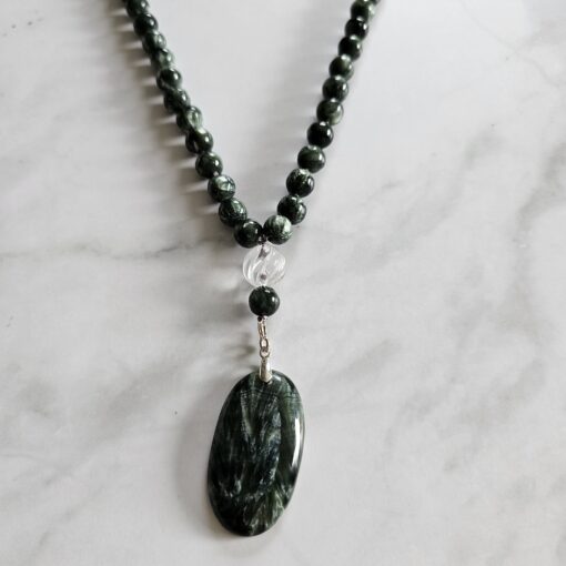 Seraphinit-Bergkristall-Mala mit Seraphinit-Anhänger (Oval) und Armband – Bild 8