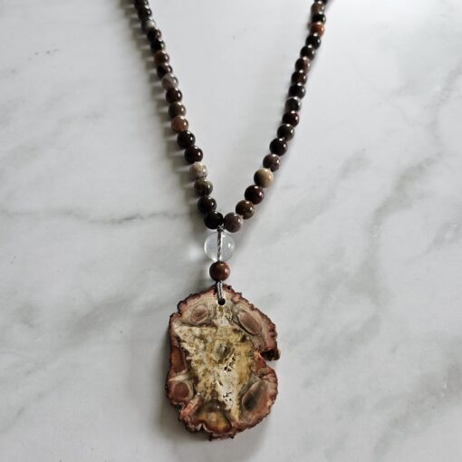 Versteinerte Holz-Mala (3) mit größerem, versteinertem Holz-Anhänger (Freiform) und Armband – Bild 8