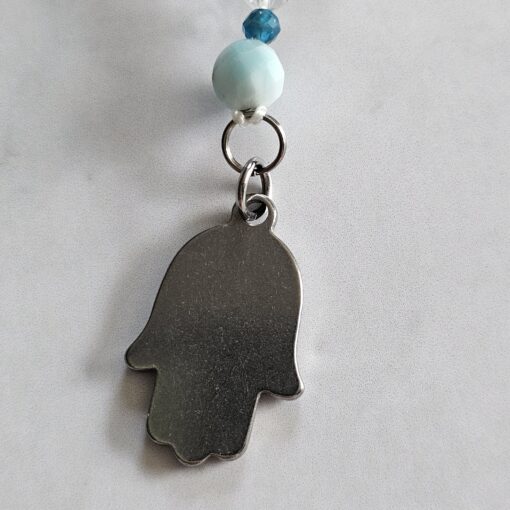 Hemimorphit (facettiert) -Bergkristall (facettiert) -Apatit (blau, facettiert) -Mala  mit Edelstahl-Anhänger (Hamsa-Hand) – Bild 8