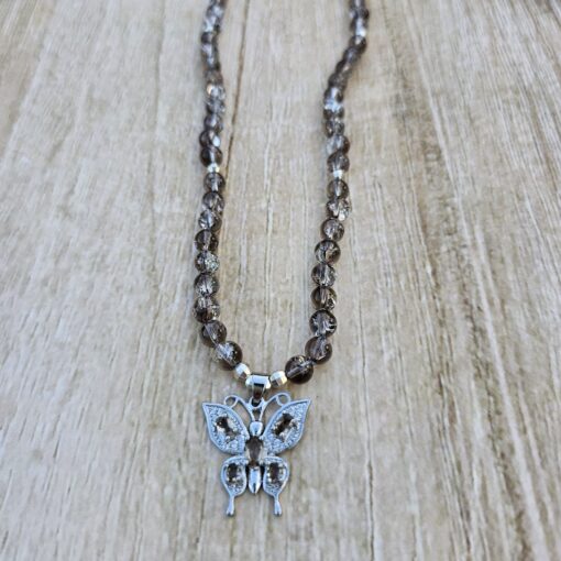 Rauchquarz („Regenbogenrauchquarz“) -Mala mit 925 Silberanhänger (Schmetterling) und Armband – Bild 8