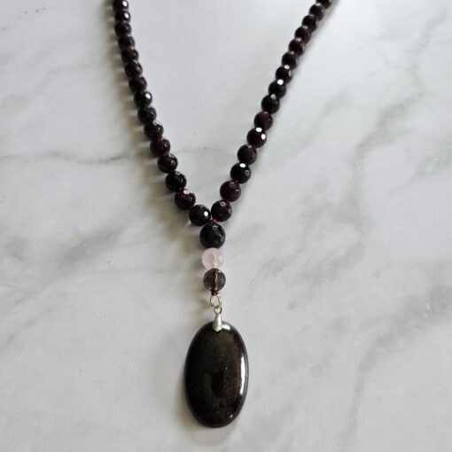 Granat (facettiert) -Rauchquarz (facettiert) -Rosenquarz (facettiert) -Mala (1) mit Granat-Anhänger (Oval) und Armband – Bild 8