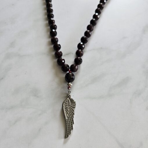 Granat (facettiert) -Rauchquarz (facettiert) -Rosenquarz (facettiert) -Mala (2) mit Edelstahl-Anhänger (Engelsflügel) und Armband – Bild 8
