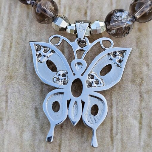 Rauchquarz („Regenbogenrauchquarz“) -Mala mit 925 Silberanhänger (Schmetterling) und Armband – Bild 10