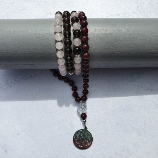 Granat-Rauchquarz-Rosenquarz-Mala mit Edelstahlanhänger (Blume des Lebens) und passendem Armband – Bild 14