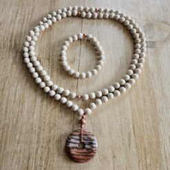 Jaspis („Elfenbein-Jaspis“) -Kupfer-Mala mit Printstone-Donut und Armband