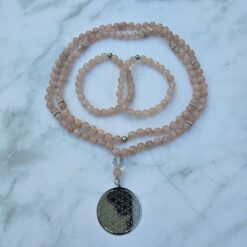 Morganit (Beryll) -Mala (1) mit Edelstahlanhänger (Blume des Lebens) und 2 Armbändern