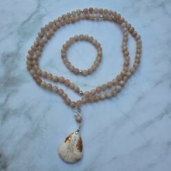 Morganit (Beryll) -Mala (2) mit rosa Skolezit-Anhänger (Tropfen) und Armband