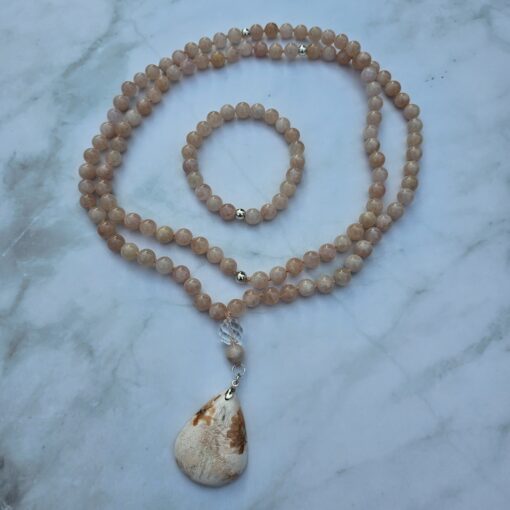 Morganit (Beryll) -Mala (2) mit rosa Skolezit-Anhänger (Tropfen) und Armband