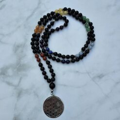 Obsidian-Chakra-Mala (1) mit Edelstahlanhänger (Blume des Lebens)