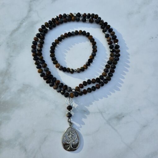 Pietersit (facettierte Rondelle) -Mala mit Edelstahlanhänger und Armband