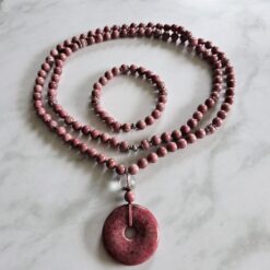 Rhodonit-Mala mit Rhodonit-Donut und Armband
