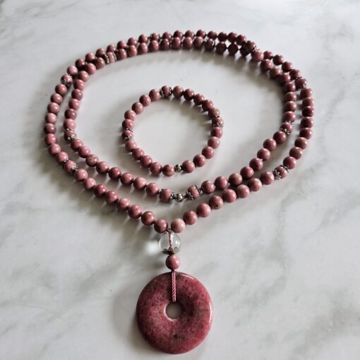 Rhodonit-Mala mit Rhodonit-Donut und Armband