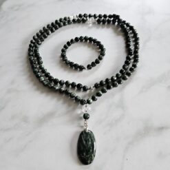 Seraphinit-Bergkristall-Mala mit Seraphinit-Anhänger (Oval) und Armband