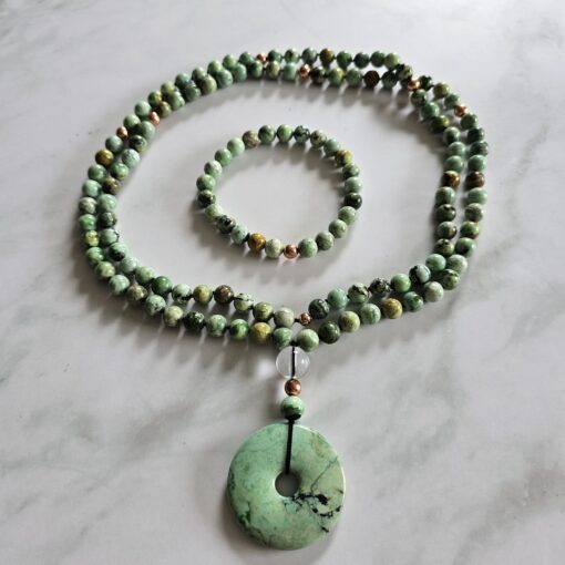 Variscit-Kupfer-Mala mit Variscit-Donut und Armband