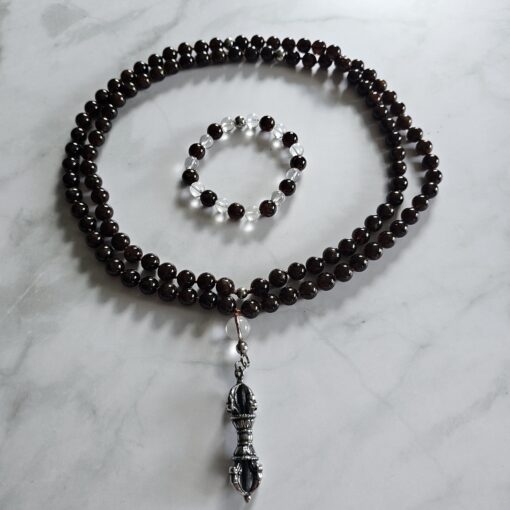 Andradit (Granat) -Mala mit Edelstahlanhänger (Dorje) und Armband