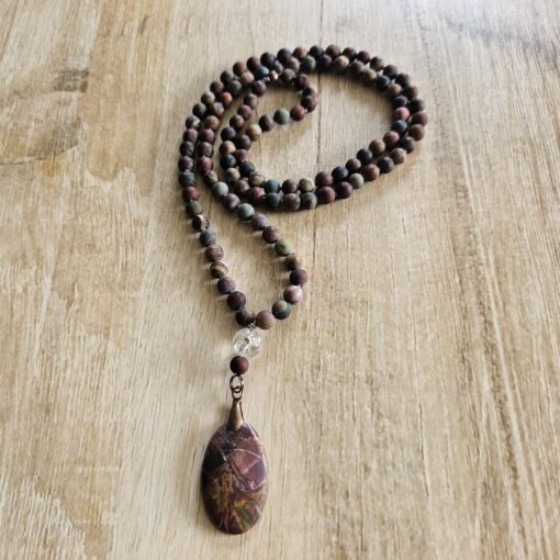 Jaspis („Picasso-Jaspis“, matt) -Mala mit „Picasso-Jaspis“-Anhänger (Oval)