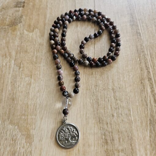 Mala aus versteinertem Holz (2) mit Edelstahlanhänger (Lebensbaum)