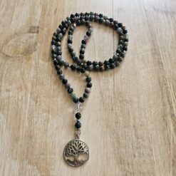 Moosachat („Indian Achat“) -Mala (1) mit Edelstahlanhänger (Baum des  Lebens)