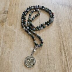 Moosachat („Indian Achat“) -Mala (2) mit Edelstahlanhänger (OM)