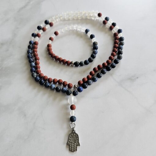 Achat (weiß) -Dumortierit-Jaspis (rot) -Mala (matt) mit Edelstahlanhänger und Armband