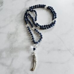 Saphir (blau und facettiert) -Bergkristall (facettiert) -Mala (1) mit 925  Silberquaste