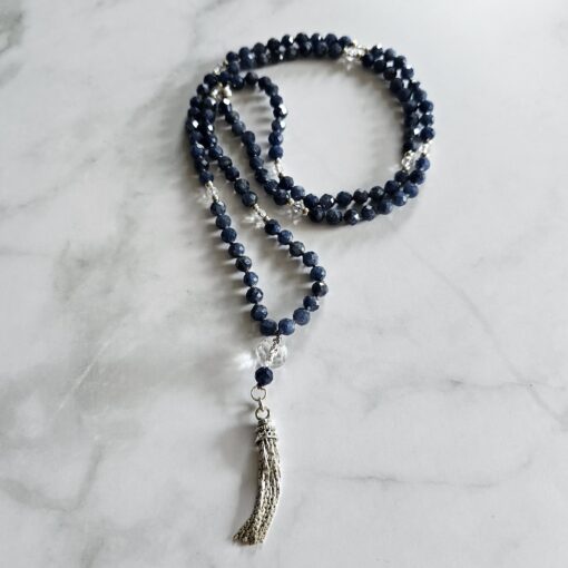 Saphir (blau und facettiert) -Bergkristall (facettiert) -Mala (1) mit 925  Silberquaste