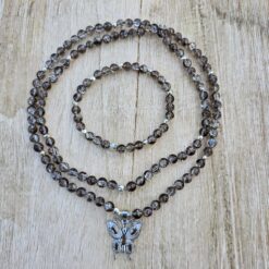 Rauchquarz („Regenbogenrauchquarz“) -Mala mit 925 Silberanhänger (Schmetterling) und Armband