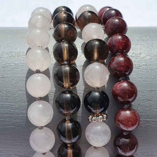 Granat-Rauchquarz-Rosenquarz-Mala mit Edelstahlanhänger (Blume des Lebens) und passendem Armband – Bild 15