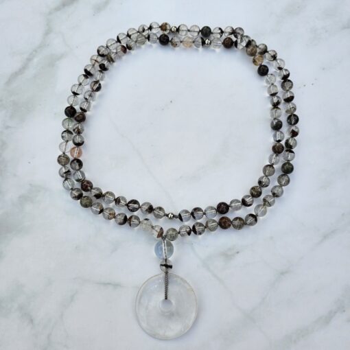 Lodolith (Gartenquarz) -Mala mit Bergkristall-Donut und Armband – Bild 3
