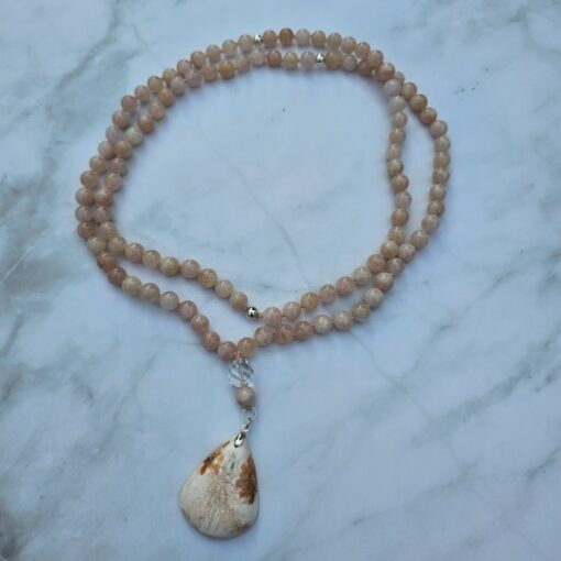 Morganit (Beryll) -Mala (2) mit rosa Skolezit-Anhänger (Tropfen) und Armband – Bild 3