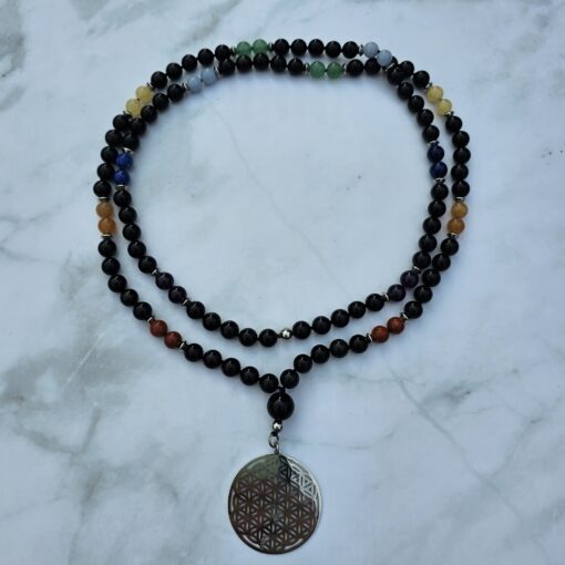 Obsidian-Chakra-Mala (1) mit Edelstahlanhänger (Blume des Lebens) – Bild 3