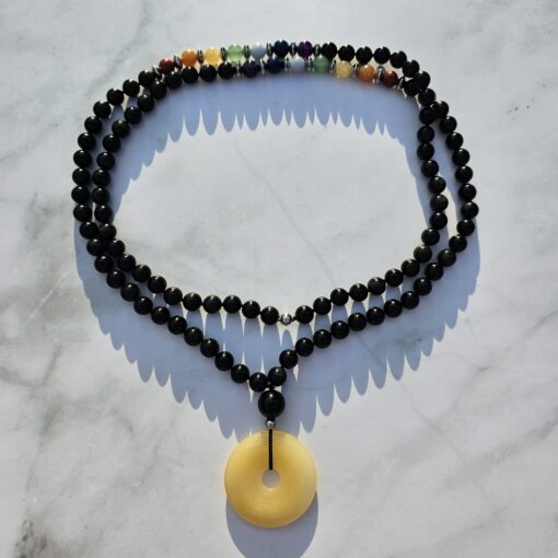 Obsidian-Chakra-Mala (2) mit gelbem Aragonit-Donut – Bild 3