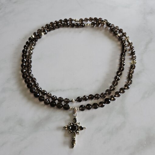 Rauchquarz (facettiert) -Mala mit Kreuzanhänger aus 925 Silber und Rauchquarz sowie Armband – Bild 3