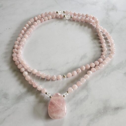 Rosenquarz-Bergkristall-Mala mit Rosenquarz-Anhänger (Freiform) und Armband – Bild 3