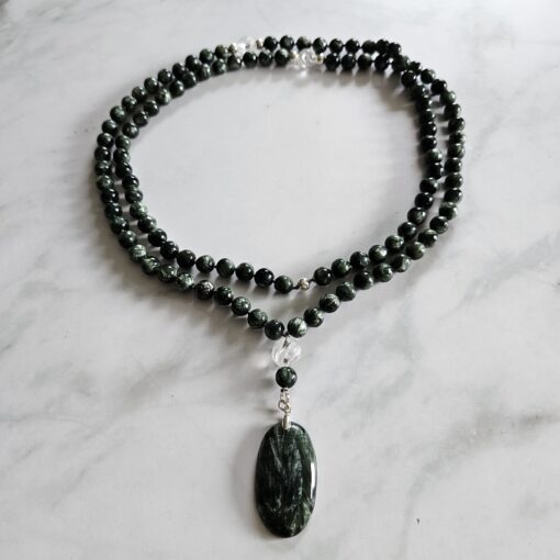 Seraphinit-Bergkristall-Mala mit Seraphinit-Anhänger (Oval) und Armband – Bild 3