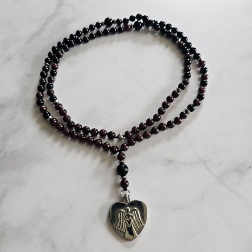 Granat-Turmalin (schwarz) -Mala mit Edelstahl-Anhänger (Engel mit Herz) – Bild 3