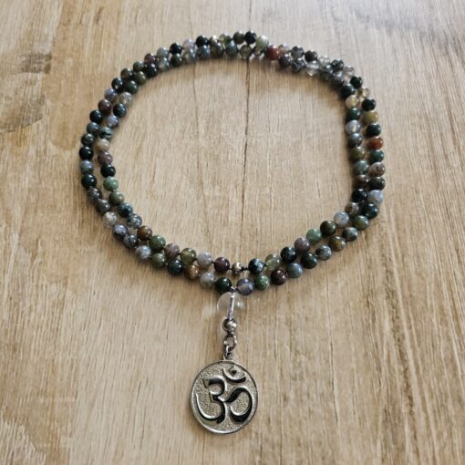 Moosachat („Indian Achat“) -Mala (2) mit Edelstahlanhänger (OM) – Bild 3