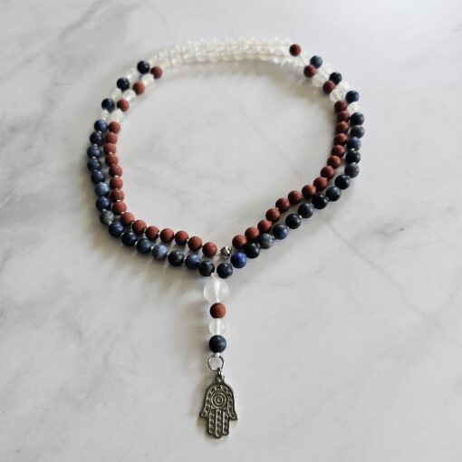 Achat (weiß) -Dumortierit-Jaspis (rot) -Mala (matt) mit Edelstahlanhänger und Armband – Bild 3