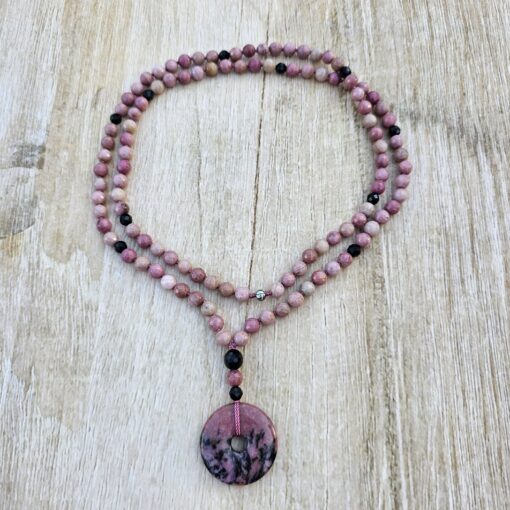 Rhodonit (facettiert) -Turmalin (schwarz, facettiert) -Mala mit Rhodonit-Donut – Bild 3