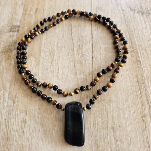 Tigerauge (bunt) -Messing-Mala mit Falkenauge-Anhänger (Freiform) – Bild 3