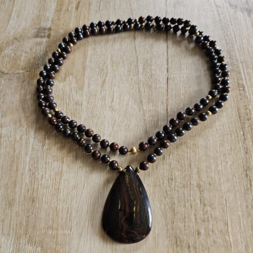 Tigereisen-Messing-Mala (2) mit Tigereisen-Anhänger (Tropfen) und Armband – Bild 3