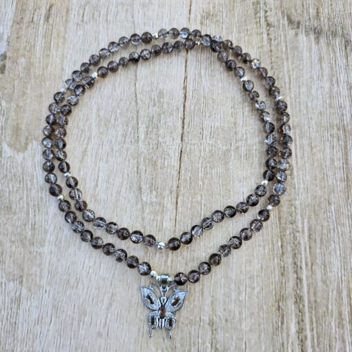 Rauchquarz („Regenbogenrauchquarz“) -Mala mit 925 Silberanhänger (Schmetterling) und Armband – Bild 3