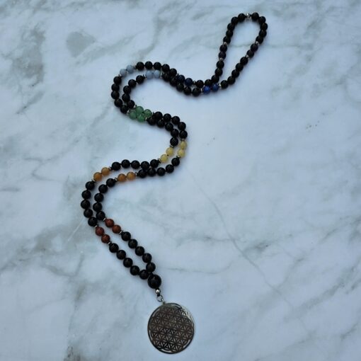 Obsidian-Chakra-Mala (1) mit Edelstahlanhänger (Blume des Lebens) – Bild 4