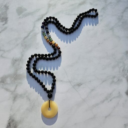 Obsidian-Chakra-Mala (2) mit gelbem Aragonit-Donut – Bild 4